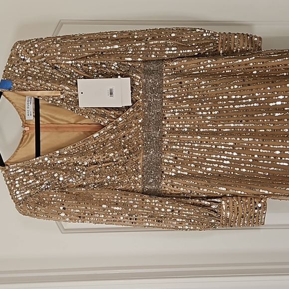 Mac DuggalSequined Wrap Over Bishop Sleeve Gown - Picture 5 of 8